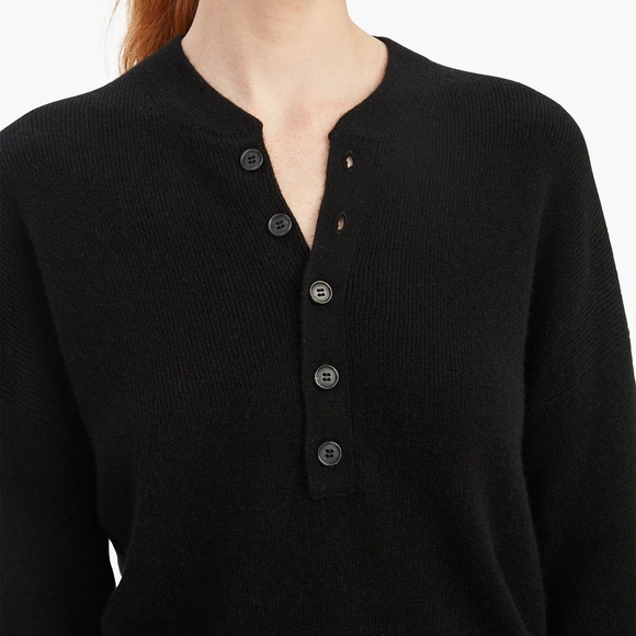 Naadam Cashmere Ribbed Henley in Black - Picture 3 of 6